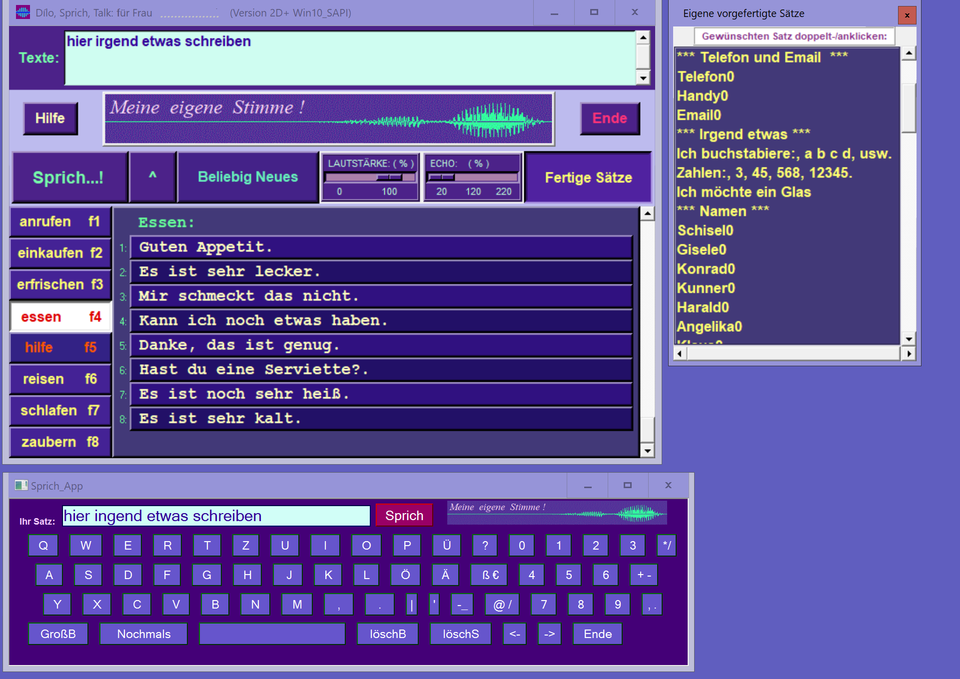 Screenshot des Sprechprogramms, mit beliebige Eingaben oder fertige Sätze